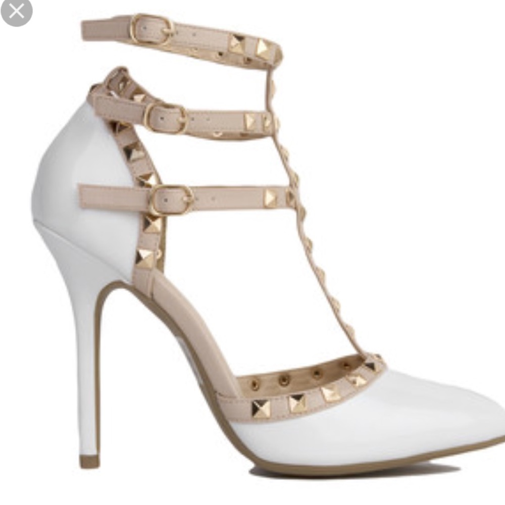 White pointy studded heels